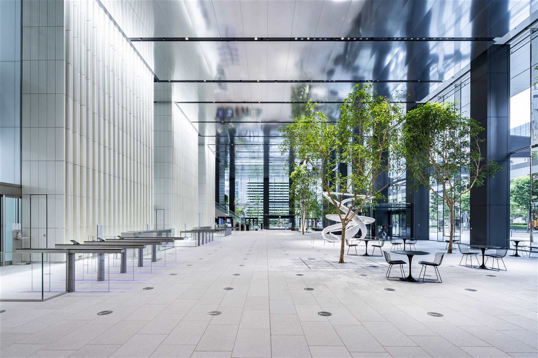 Office lobby entrance with Kumahira safe gates